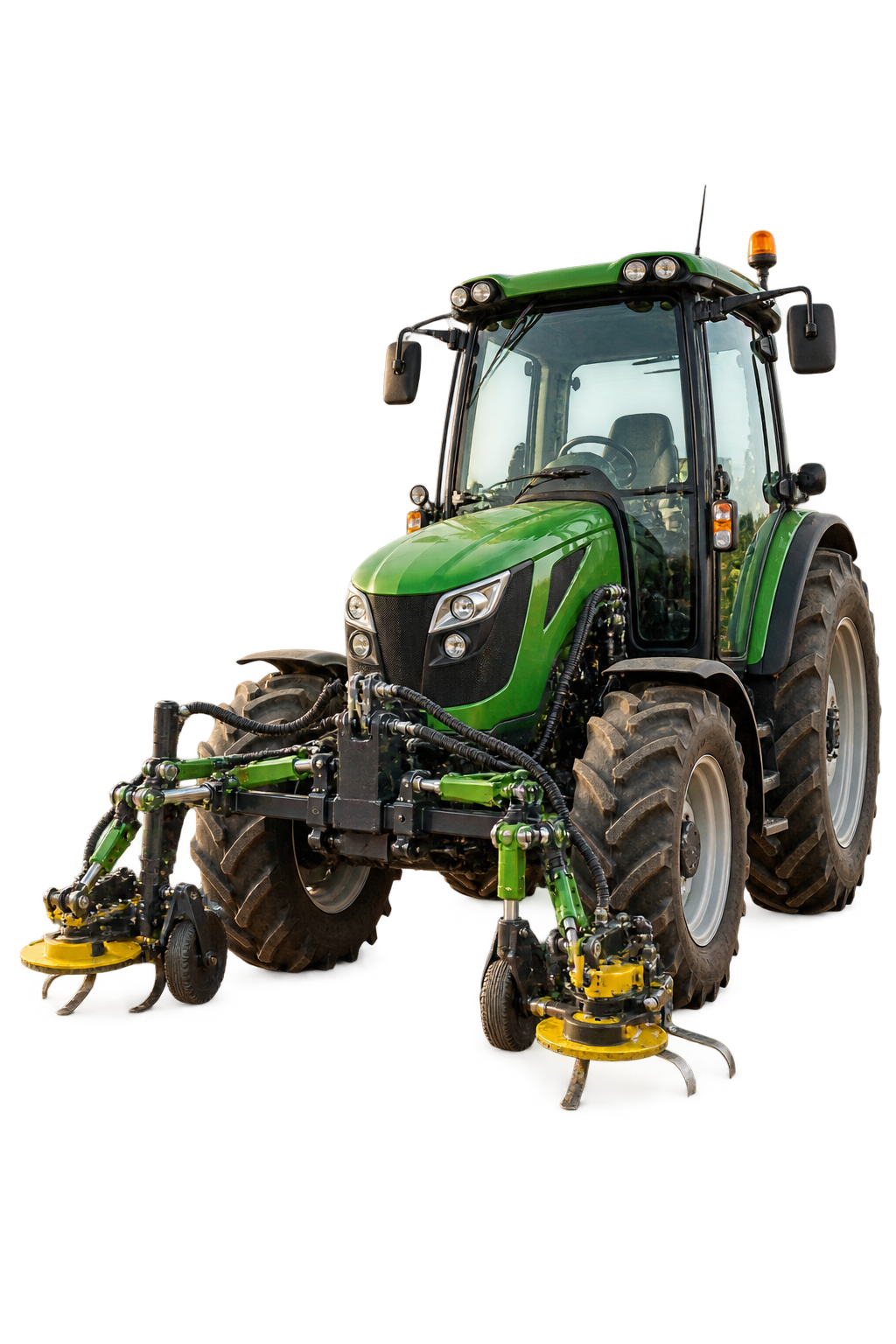 Green vineyard tractor fitted with dual-sided mechanical undervine equipment